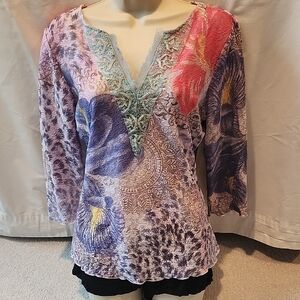 Love Mixed Floral V-Neck Blouse in Lavender, Pink and Teal